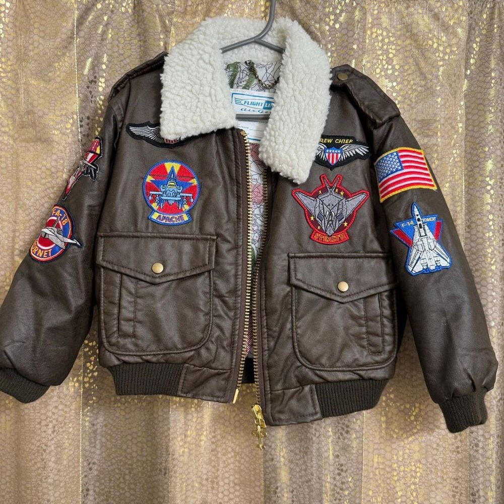 Flight Line Air Gear Boys Aviation Pilot Faux Leather Brown Bomber Jacket XXS 4/